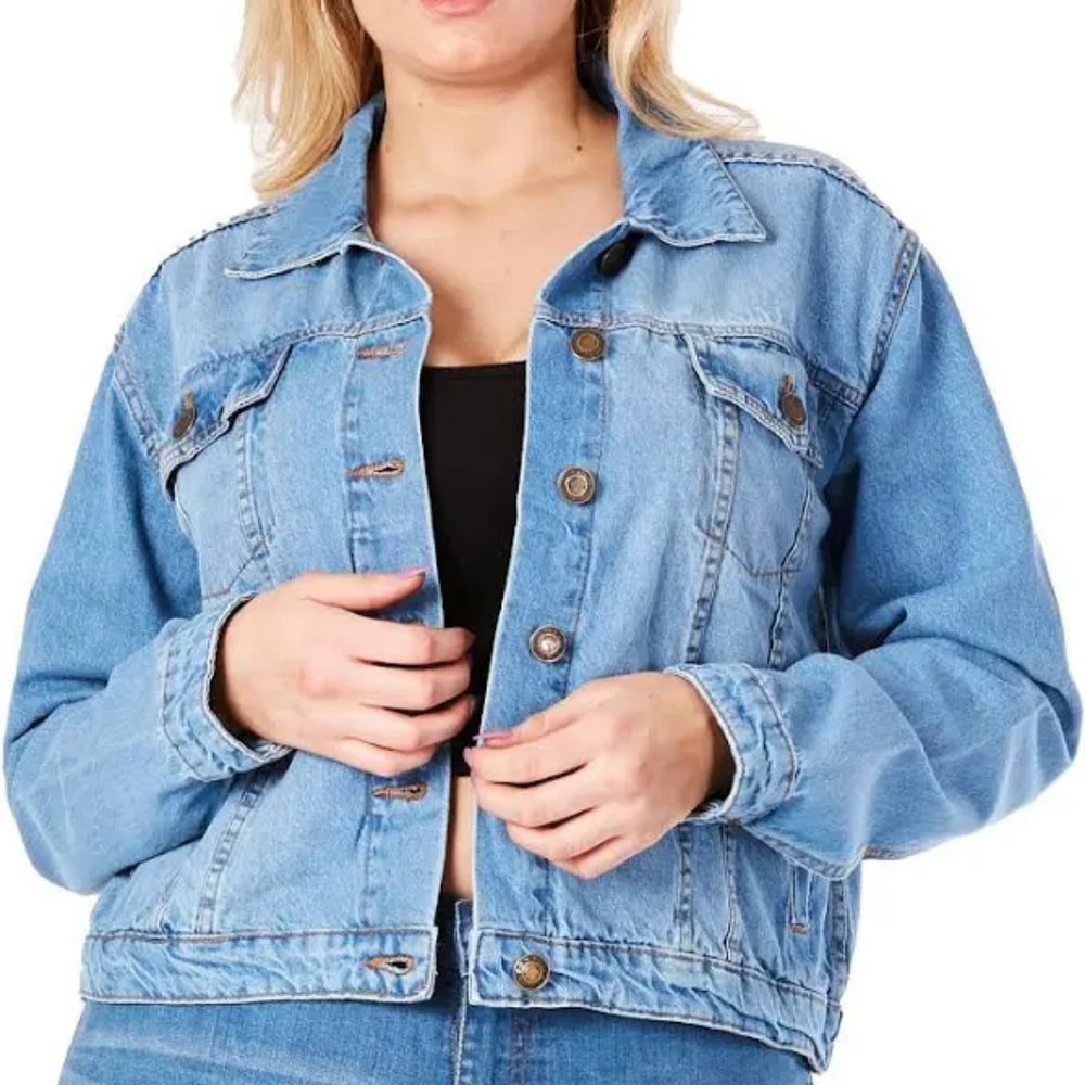 NWT Light Blue Jean Jacket Button Down Adjustable Back